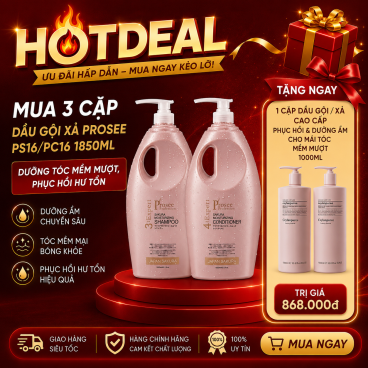 Tặng ngay 1 cặp dầu gội/xả 1000ml CC6/CC6  khi mua  Combo 3  Cặp Dầu gội/xả Prosee Can Tím PS16/PC16 1850ml – Dưỡng tóc mềm mượt, phục hồi hư tổn